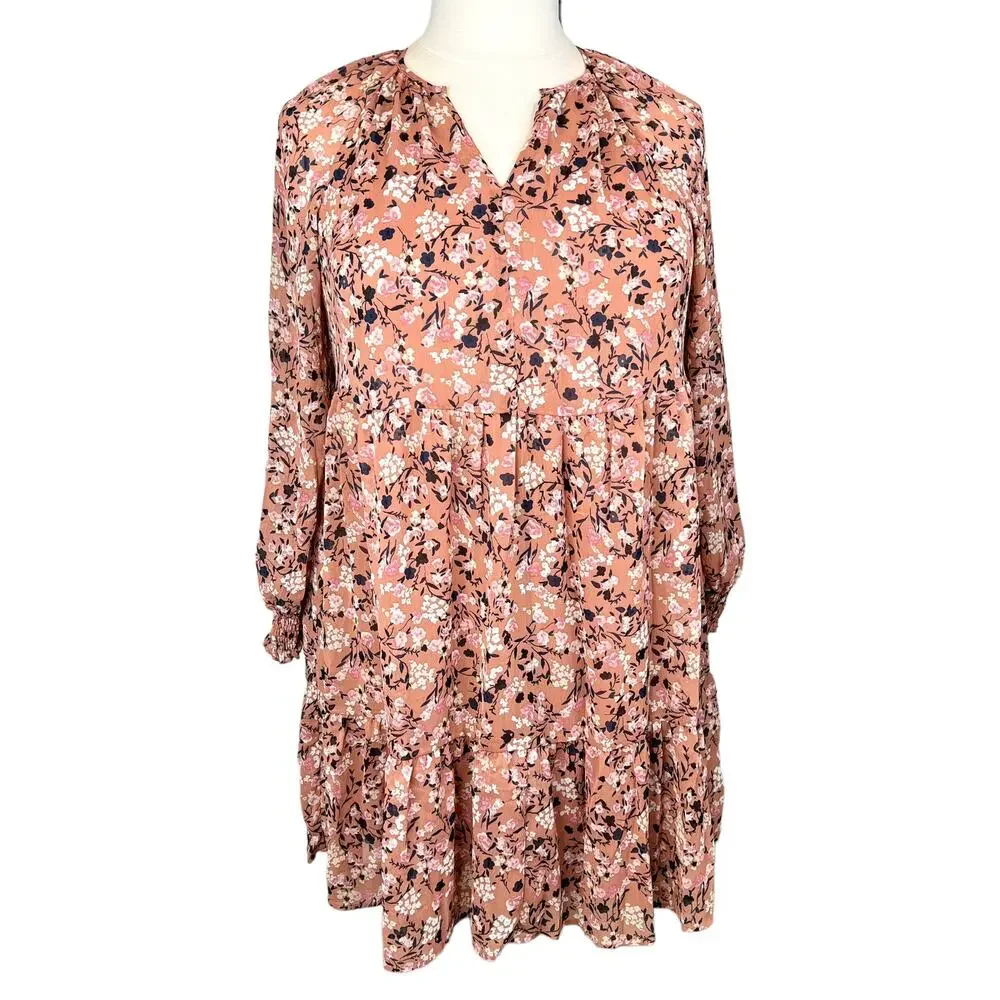 NWT Adyson Parker Floral Tiered Puff Long Sleeve Dress Sz 1X Cedarwood Combo